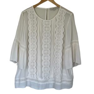 Ann Taylor Loft Womens XL Ivory Blouse Sheer Lace Pleated 3/4 Bell Sleeve Boho